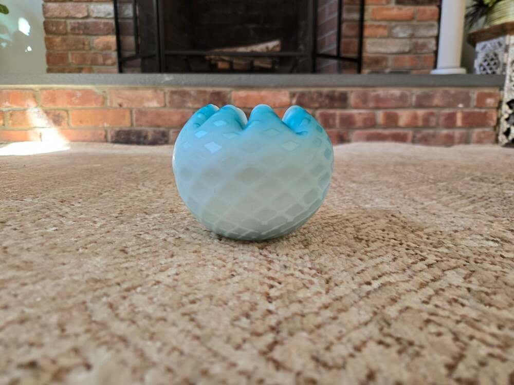 Victorian Cased Blue Satin Glass Quilted Diamond Rose Bowl Vase